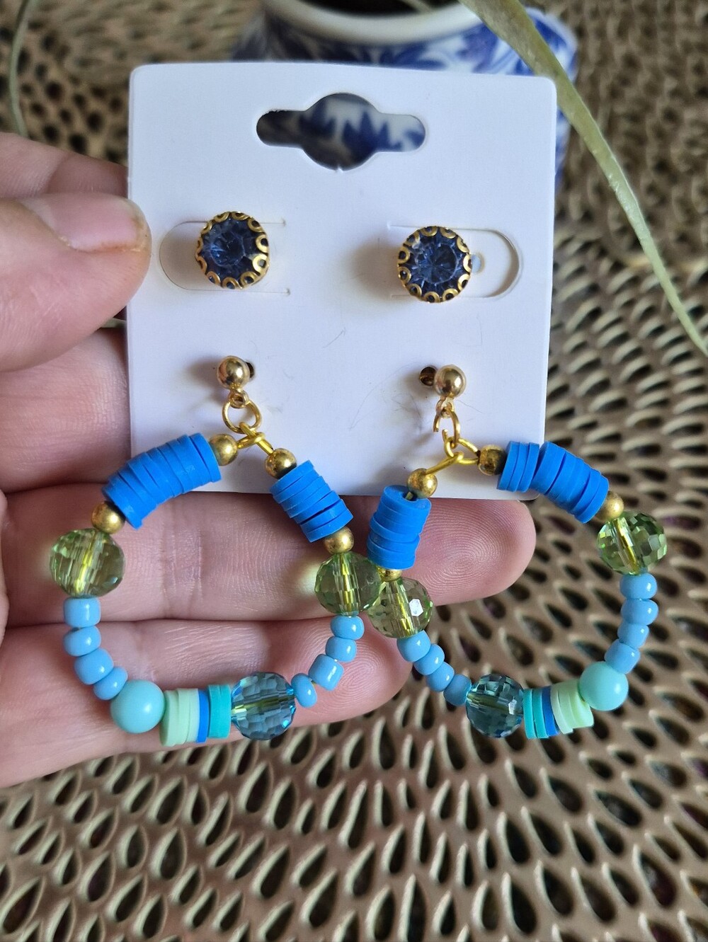 Turquoise & Lime Beaded Hoop Earrings Set